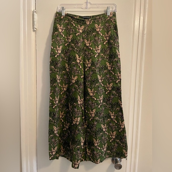 Tahari 100% Linen Green Tan Tropical Floral Wide Leg Pants Size Medium - Picture 1 of 9
